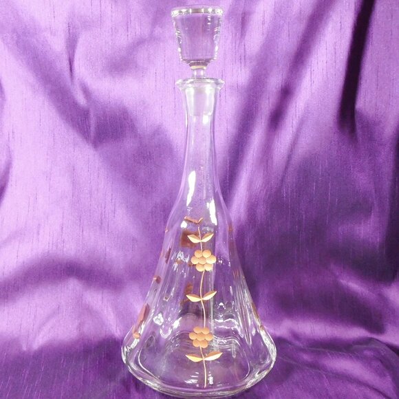 Tall Clear Glass Decanter with Gold Flowers # 26533 - Picture 2 of 7